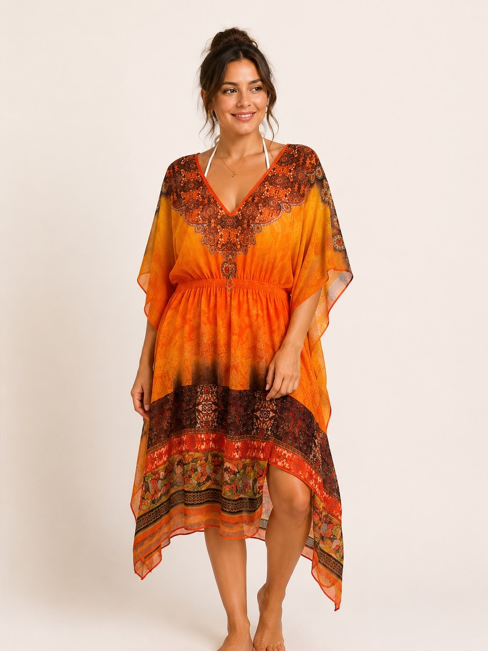 Speed Control Handkerchief Dress 1X Boho Caftan Orange Sheer